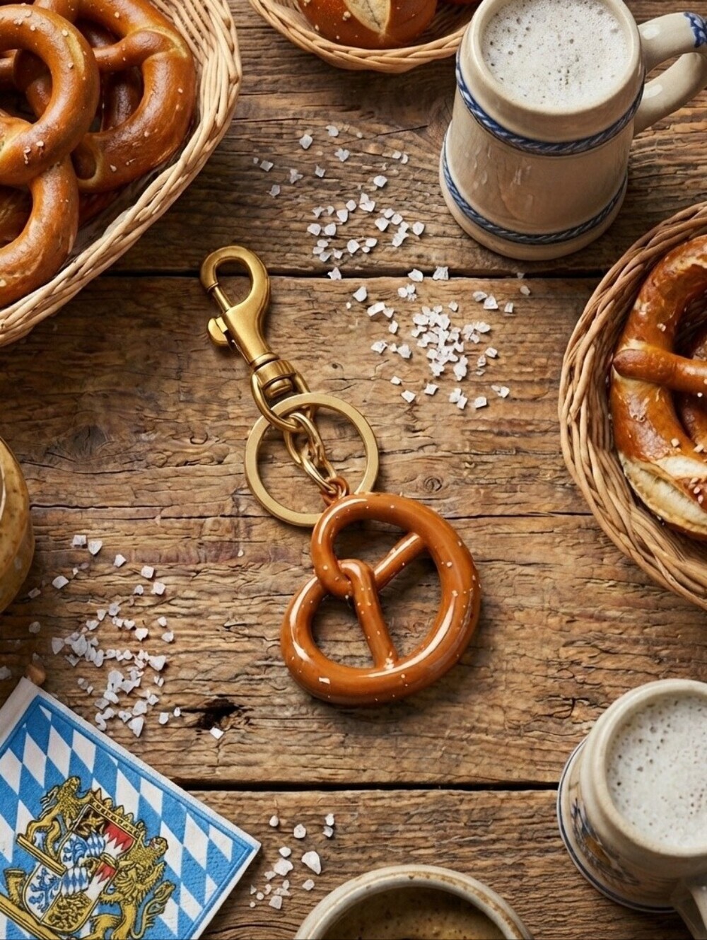 Glossy Pretzel Keychain Bag Charm Gold Tone Foodie Novelty Purse Clip Ring 4.3"